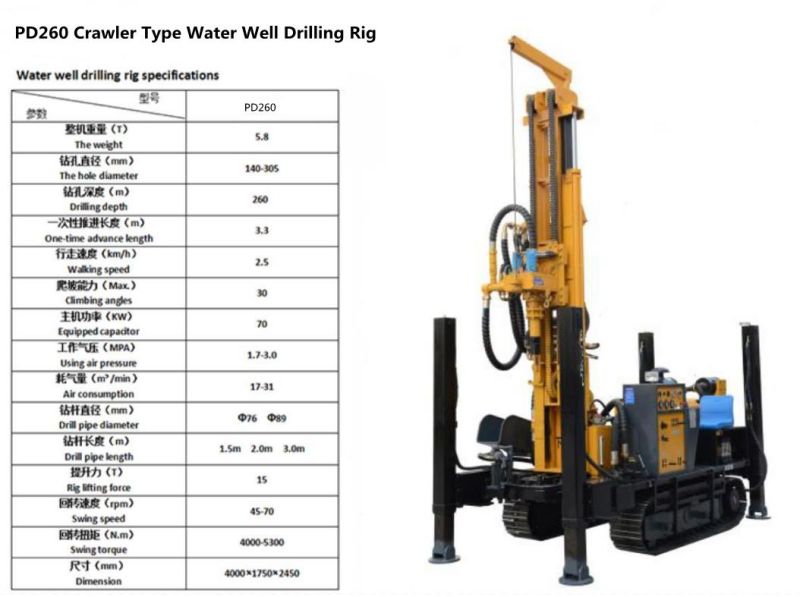 Multi-Function 260m Depth Crawler Type Water Well Drilling Rig