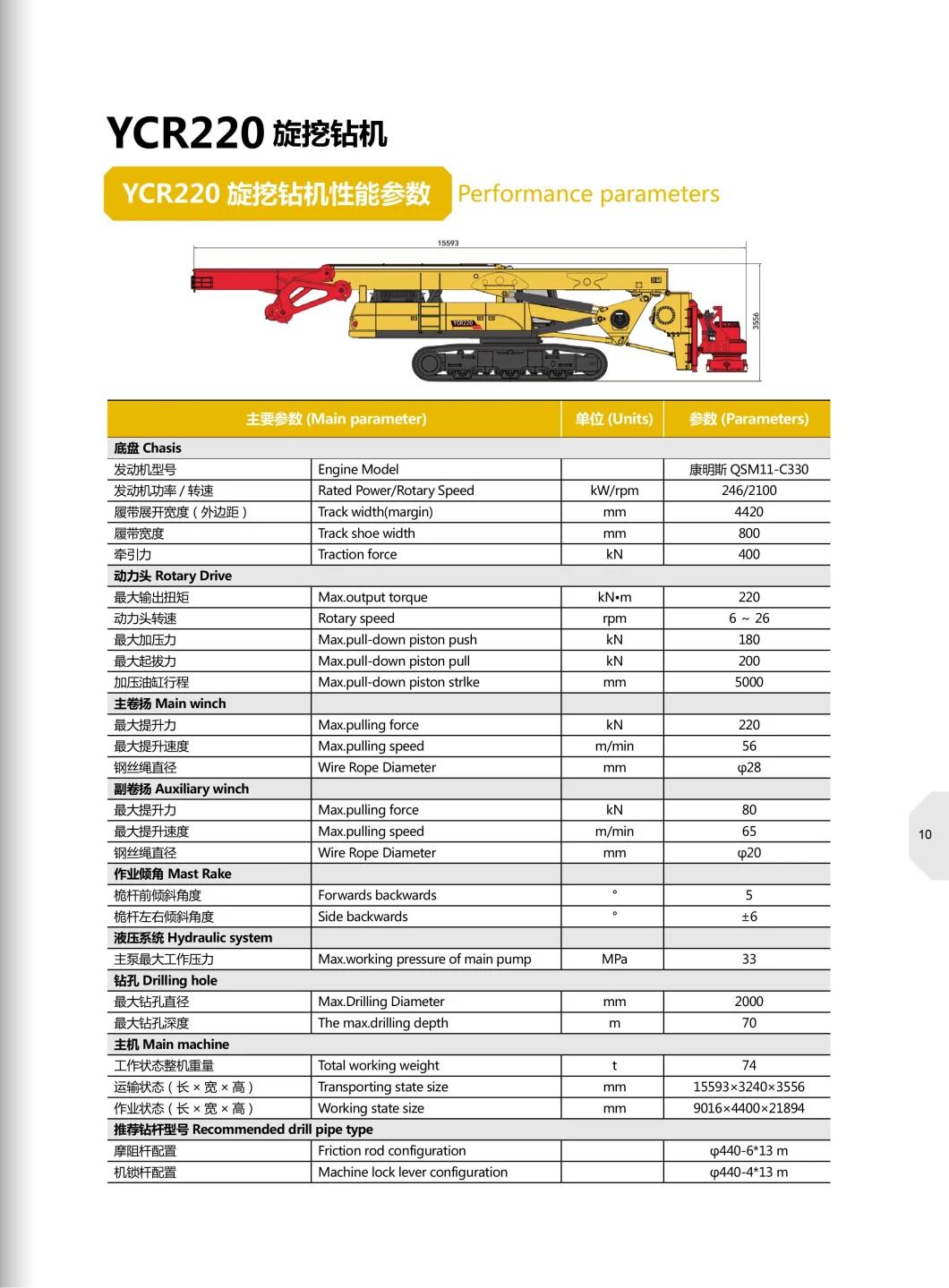 China Brand Portable 260kn. M Yuchai Hydraulic Rotary Drilling Machine Ycr220