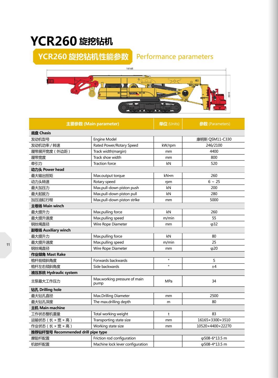 Famous Brand Crawler Rotary Drilling Rig Ycr260 with Factory Price