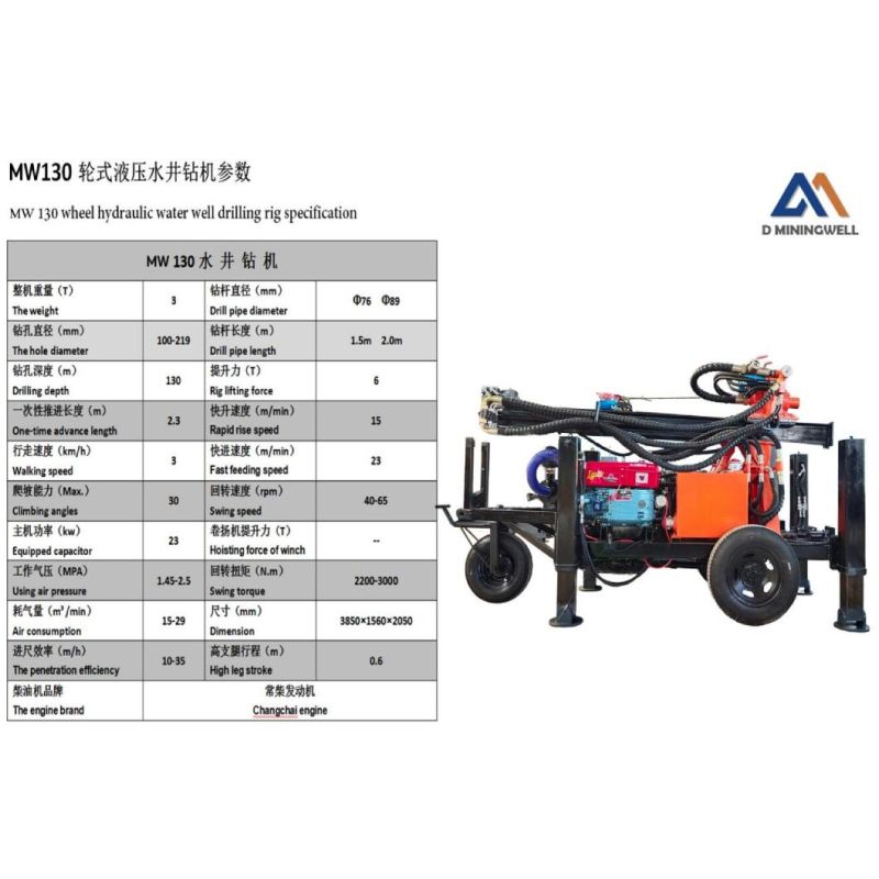 MW130 Water Well Drilling Rig Wheel Hydraulic Drilling Rig for Water Well