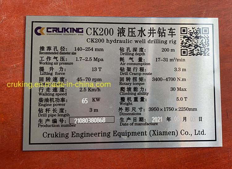 Cruking 200m Depth Borehole Drilling Rig Water Well Drilling Rig Ck200 DTH Drilling